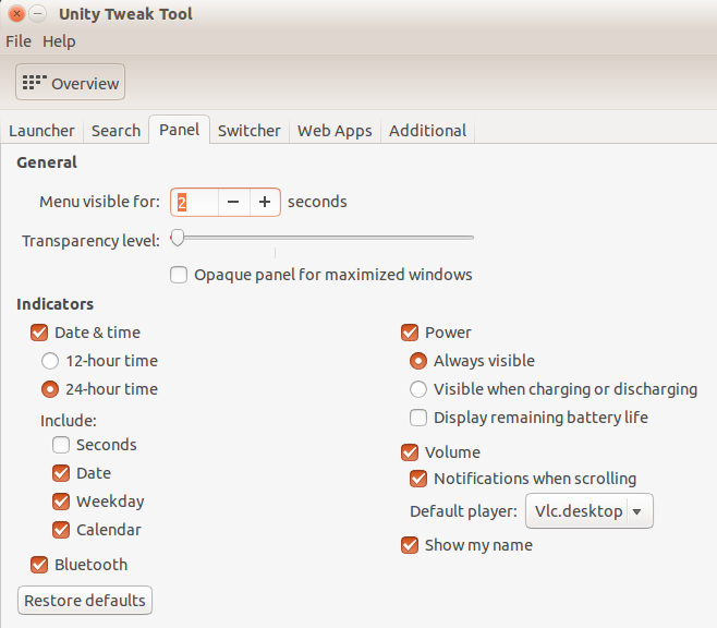 Panel Unity Tweak Tool